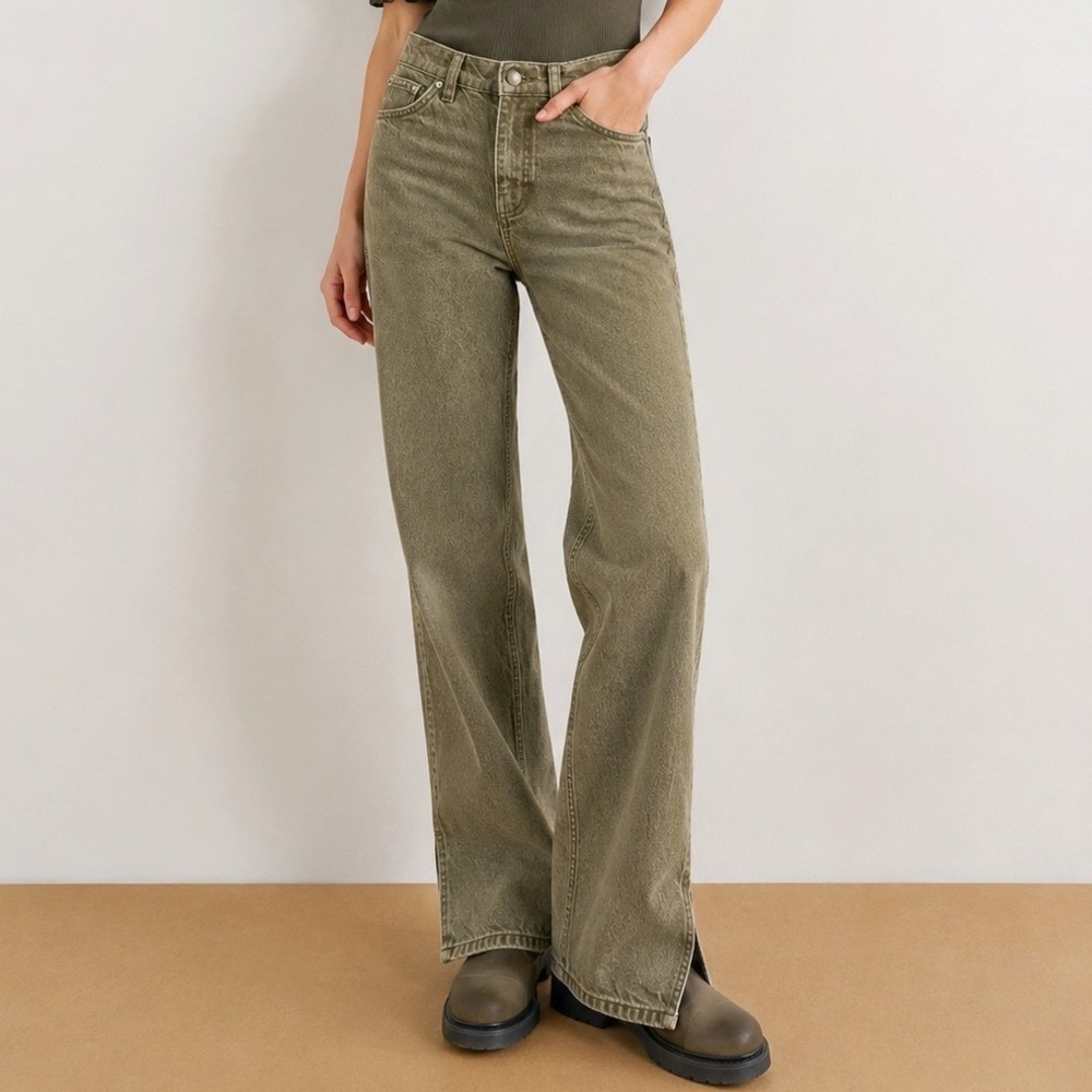 Wrap London Split Hem Wide Leg Jeans Womens 4 Olive Grey High Rise Cotton Twill